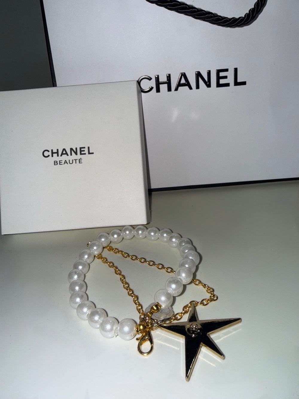 Pearl Beaded Keychain Silver Star Charm Gold Tone Bag Charm